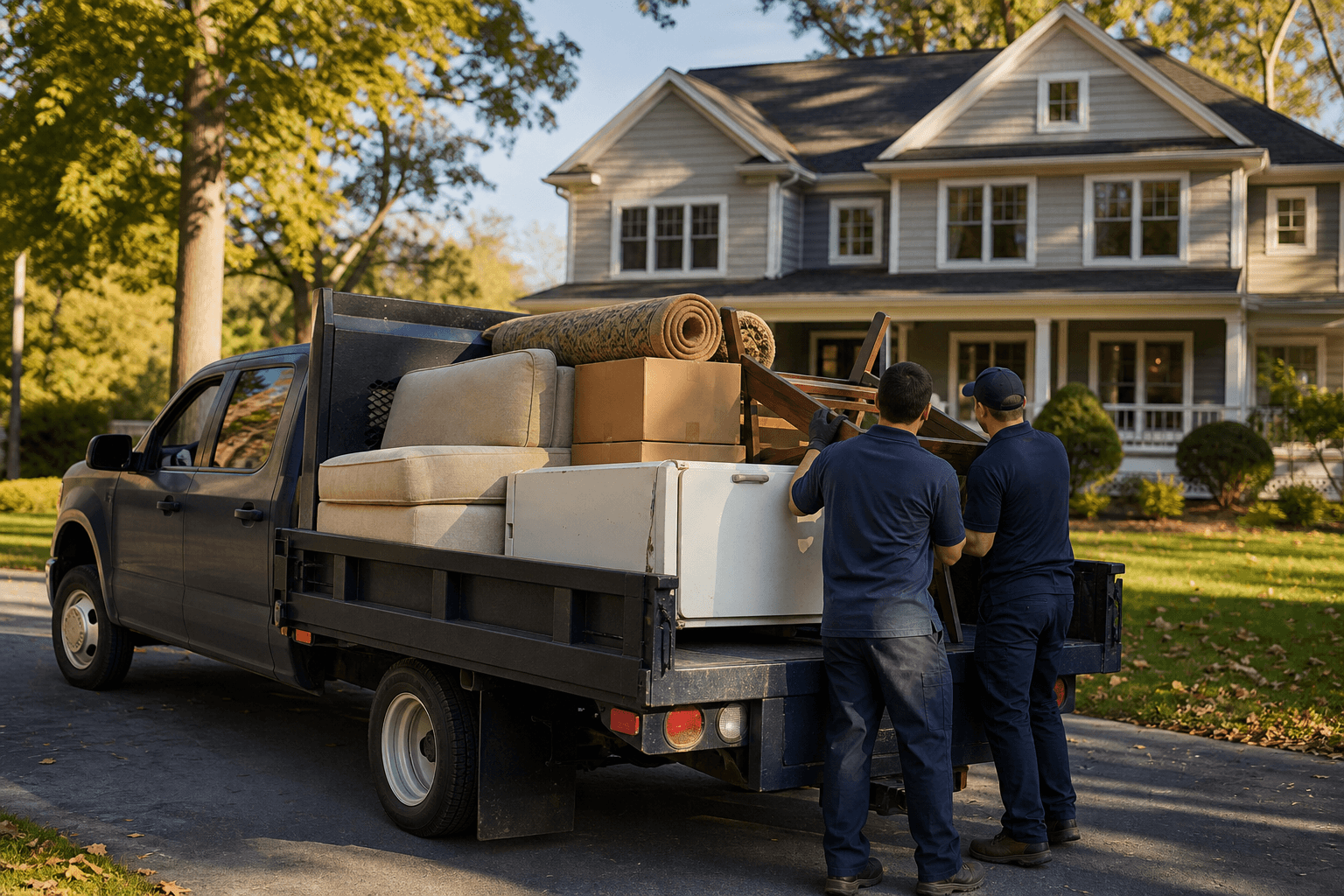 Two Odds & Ends crew members loading an old refrigerator, couch, boxes, and rolled rug onto a junk removal truck outside a Rockland County, NY home