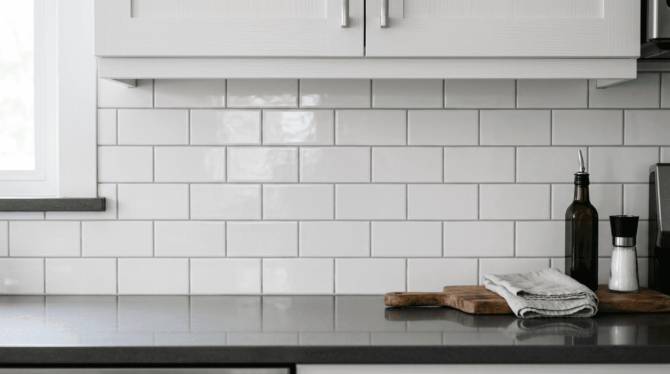 Subway tile backsplash freshly installed in a kitchen