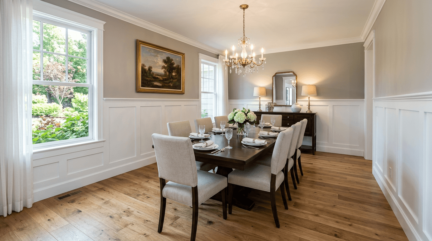 Freshly installed white shaker wainscoting in a dining room