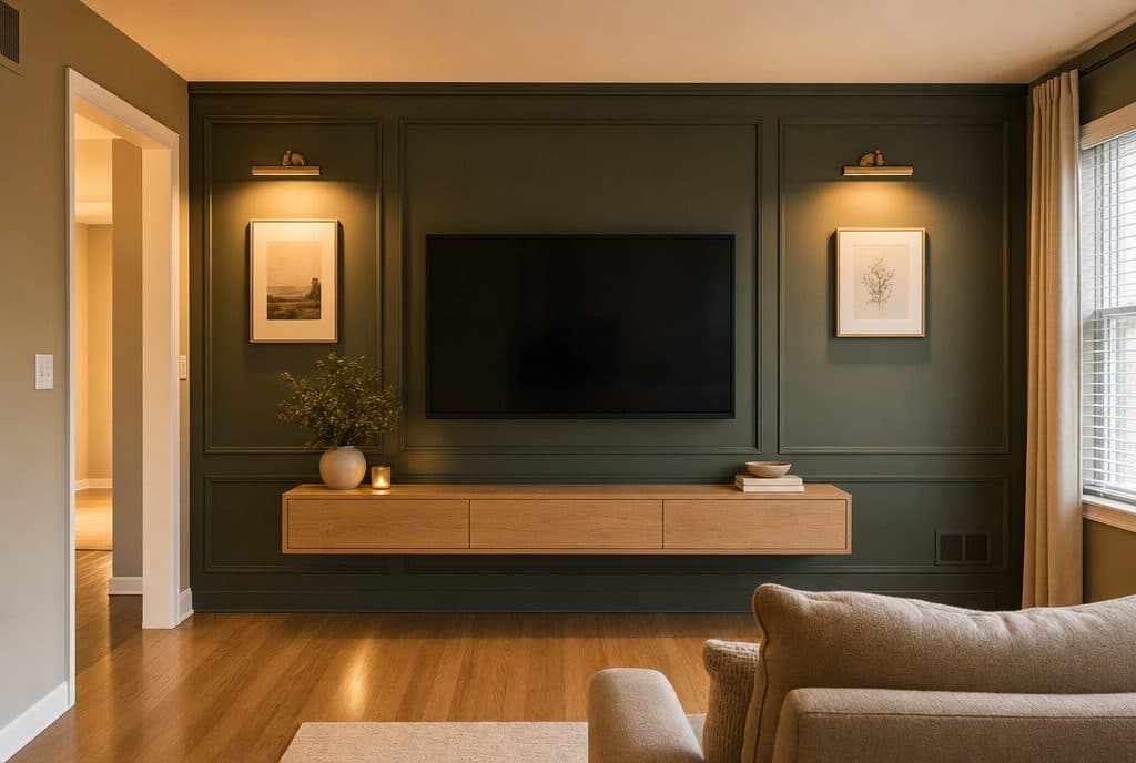 Custom board-and-batten accent wall in deep green with floating console