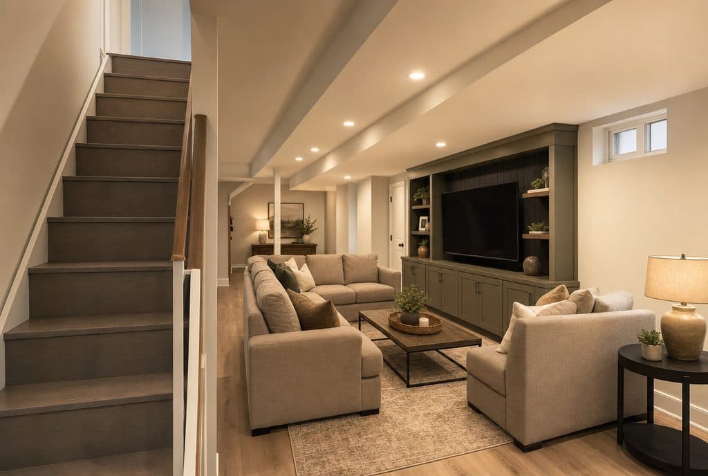Finished basement family room with built-in media wall