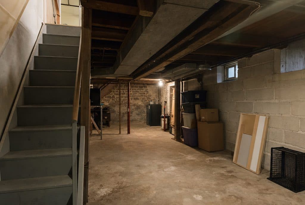 Unfinished basement with concrete floor and exposed joists