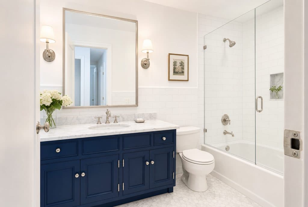 Renovated bathroom with navy vanity, marble top, and glass shower