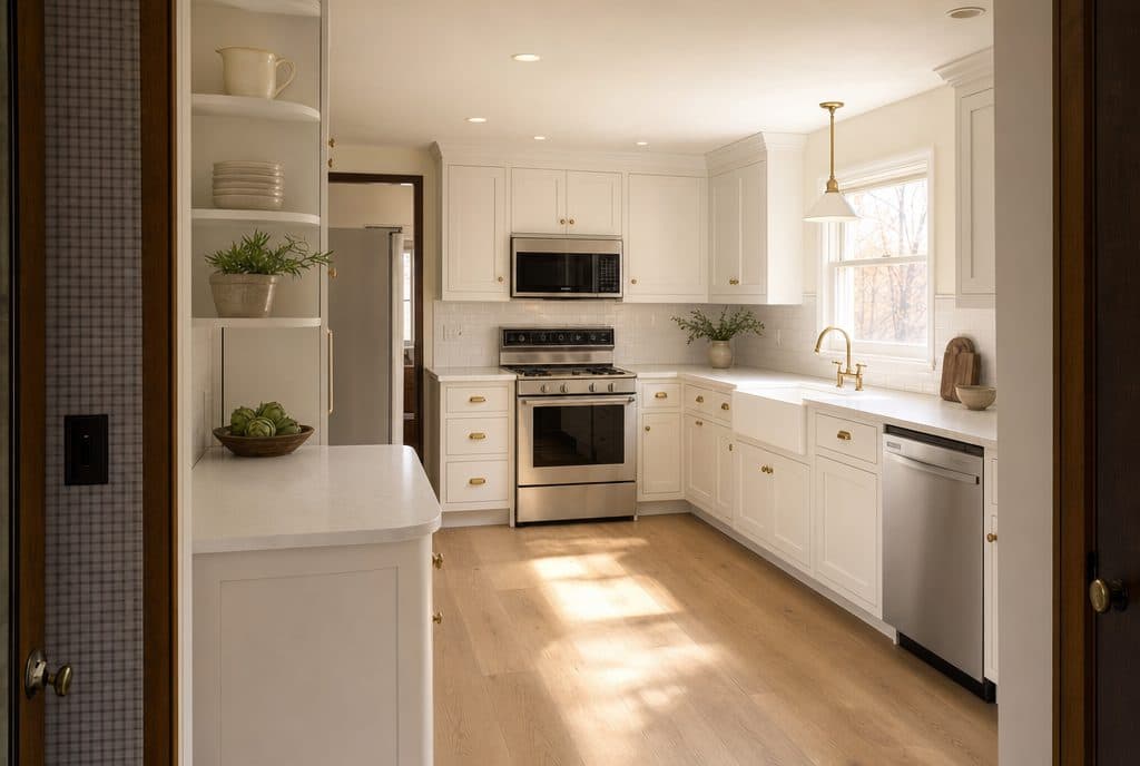 Renovated kitchen with white shaker cabinets, brass hardware, and oak flooring